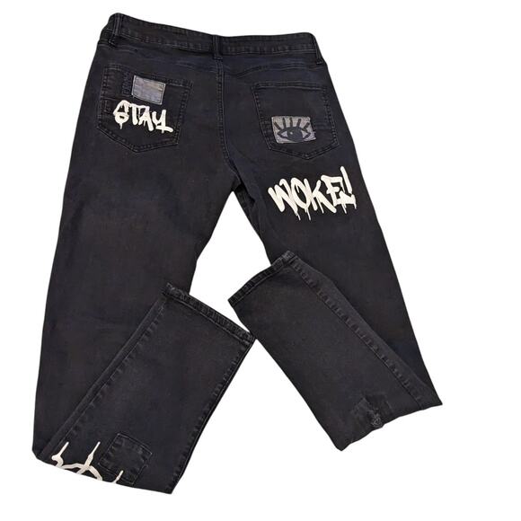 Rutherford Skinny Fit Jeans Mens 34 Distressed Graffiti Patches Streetwear Bold - Picture 5 of 12